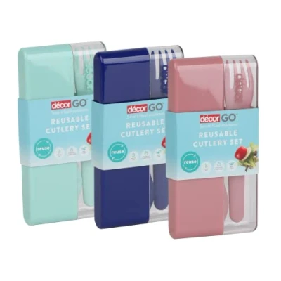 Afbeelding van Décor Go Herbruikbare bestekset met reisetui Perfect voor kamperen, reizen en picknicks 3 delige set verschillende kleuren