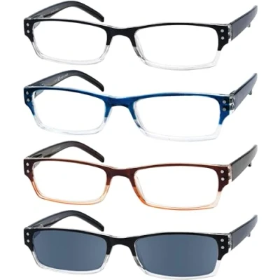 Afbeelding van Eyekepper 4 pack dames en heren rechthoekige leesbrillen met veerscharnieren zonwerende glazen +3.50