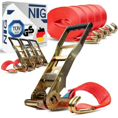 Afbeelding van 10 stuks 5000 kg 8 m spanbanden met Ergo ratel en haak, lange hefboomratel, sjorband, 2 delig, spanband, vrachtwagen, sjorbanden, 50 mm, TÜV/GS