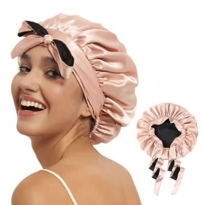 Afbeelding van Satijnen Zijden Bonnet voor Slaapmuts, Krullend Haar Tweelaagse Omkeerbare Met Strikband Vrouwen, Roze/Zwart, One Size