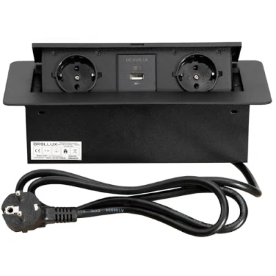 Afbeelding van BROLLUX Inbouwstopcontact, intrekbaar, 2 voudig, met USB en USBC, zwart, softopening, spuitgietaluminium, 1,5 m aansluitkabel, stopcontact