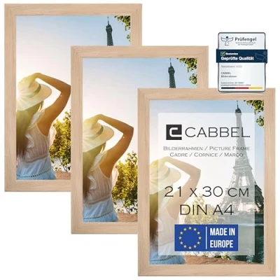 Afbeelding van CABBEL set van 3 fotolijsten DIN A4 21x30 MDF houten lijst met breukvast acrylglas, ideaal voor collages, portretten &amp; certificaten in natuurlijke kleur