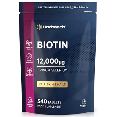 Afbeelding van Biotin Zinc Selenium 12000 mcg Zink Selen voor Haargroei 540 Veganistische Tabletten Haar, Huid &amp; Nagelsupplement met Vitamine B7 Horbaach