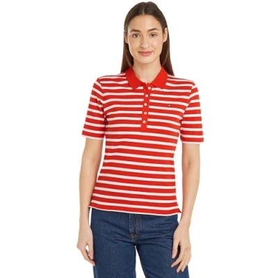 Afbeelding van Tommy Hilfiger Dames 1985 Reg Pique Stripe Polo Ss S/S polo&#039;s, rood, M, Bretons Fierce Rood/Ecru, M
