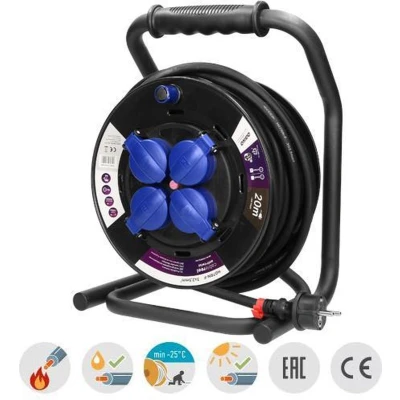 Afbeelding van Professionele Kabelhaspel 20 Meter H07RN F 3 x 2,5 mm² 4 voudig Gefixeerde stopcontacten IP44 Thermische beveiliging Oliebestendige rubberen kabel