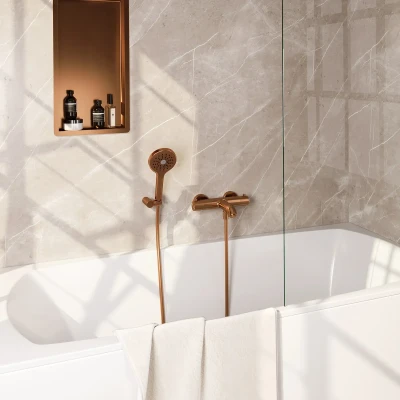 Afbeelding van Brauer Copper Edition thermostatische badkraan met wandhouder en 3 standen handdouche geborsteld koper PVD