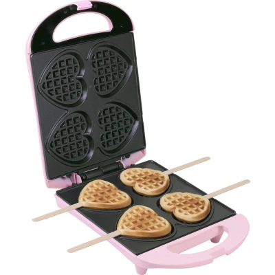 Afbeelding van Bestron Wafelijzer voor hartvormige Wafels, hartvorm op een stokje, Wafelmaker met antiaanbaklaag &amp; indicatielampje, incl. 20 houten stokjes, kleur: Roze