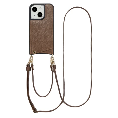 Afbeelding van Apple iPhone 15 Hoesje Kunstleder Selencia Hardcase/Koordhoesje/Backcover Mocha Brown Telefoonhoesje