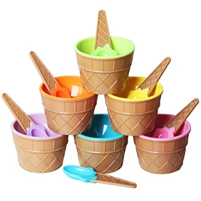 Afbeelding van TRIXES Set van 6 ijs dessertkommen en bijpassende lepels, kunststof, diverse leuke kleuren roze, lila, blauworanje, geel groen, wafelontwerp ijskegelkom