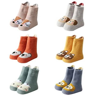 Afbeelding van FedMois 6 paar Baby kinderen winter sokken met anti slip grip dikke thermische sokken, dieren, 1 3 jaar