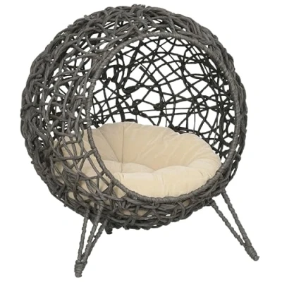 Afbeelding van PawHut Kattenhuis met kussen kattenslaapplaats Kattengrot Verhoogde poten PVC rotan D30 245