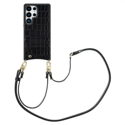 Afbeelding van Selencia Hoesje Geschikt voor Samsung Galaxy S25 Ultra met Pasjeshouder Nova Croco Backcover koord en pashouder Zwart