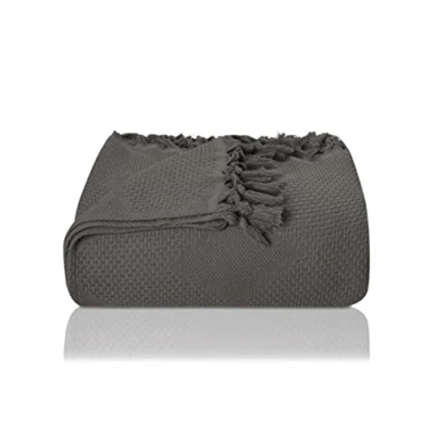 Afbeelding van LAYNENBURG Premium Sprei met handgeknoopte franjes 100% katoen 150 x 220 cm Wafelpiqué Zomerdeken Katoenen Deken als Beddeken, Bankstel &amp; Bank (Antraciet)
