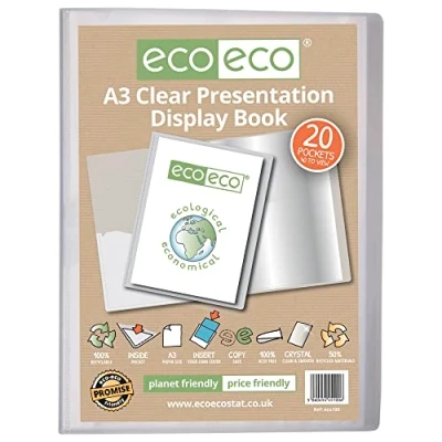 Afbeelding van eco A3 Maat 50% Gerecycleerd 20 Pocket Clear Presentatie Display Book, Opbergkoffer Portfolio Art Folder met Plastic Sleeves, eco100