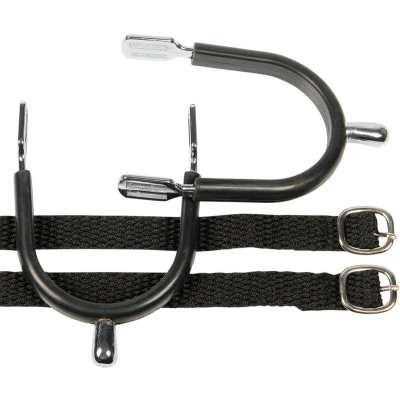 Afbeelding van Harry&#039;s Horse Sporen knop verchroomd rubber + riem D20 Zwart