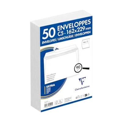 Afbeelding van Clairefontaine 2542C Pakket met 50 Zelfklevende Witte Enveloppen C5 162x229 mm 90g/m².