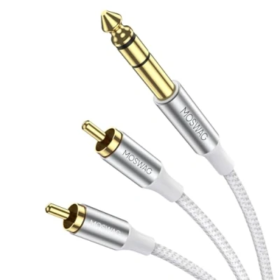 Afbeelding van MOSWAG 1/4 inch TRS naar dubbele RCA audiokabel, 6,35 mm stekker 2 stekkers, verguld, met koperen schaal voor hoge belasting