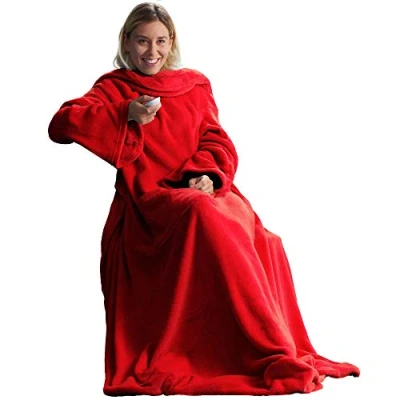 Afbeelding van CelinaTex TV deken knuffeldeken met mouwen en voettas XL 170 x 200 cm rood coral fleece sprei microvezel