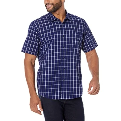 Afbeelding van Amazon Essentials Men&#039;s Poplin overhemd met normale pasvorm en korte mouwen, Marineblauw Vensterruit, S