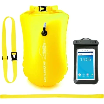 Afbeelding van LimitlessXme zwemboei &amp; droogzak 28 l. Veiligheid bij het zwemmen, open water en triatlon. Droogzak, opblaasbaar, geel, Liter Volumen,
