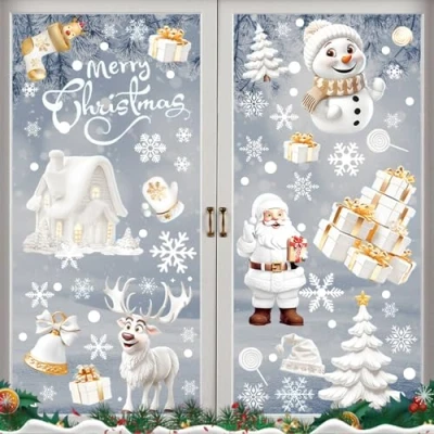 Afbeelding van JAMSSOW 190 stuks kerstraamafbeeldingen, zelfklevende raamdecoratie, herbruikbare raamstickers, kerstfoto&#039;s, raam, kerstman, eland, sneeuwvlokken, sneeuwpop, kerstboom