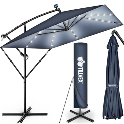 Afbeelding van tillvex® Aluminium Parasol rechthoekig Ø 330 cm met led zonne energie + afdekking zwengel Zweefparasol standaard en windscherm, uv bescherming, waterdicht, 360 graden draaibaar