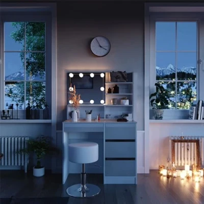 Afbeelding van Vicco Make uptafel set met kruk &quot;Sherry&quot;, Wit Hoogglans, 90 cm LED verlichting, krukje en spiegelplank