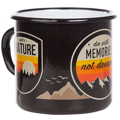 Afbeelding van MUGSY Mok van emaille met outdoor design, zwart, mountains Memories Nature, beker, robuust en onbreekbaar, 330 ml