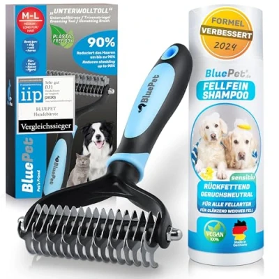 Afbeelding van BluePet UnterwollToll + hondenshampoo hondenborstel &amp; kattenborstel voor lang haar ondervachtkam verwijdert ondervacht en klitten betere kambaarheid vachtborstel
