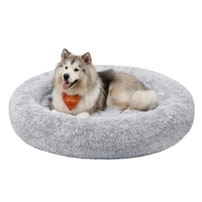 Afbeelding van Feandrea donzig hondenbed, kattenmand, donutkussen, wasbaar, uitneembare middenvulling, lang pluche, 140 cm diameter, ombre grijs PGW044G01