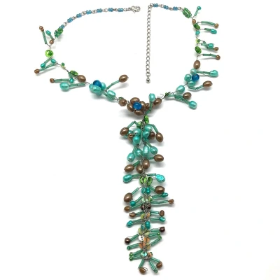 Afbeelding van Behave Ketting blauw bruin kralen parels met hanger 39 cm