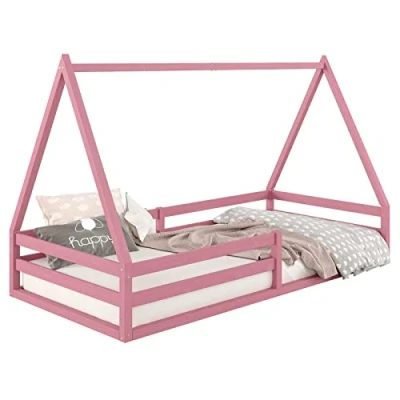 Afbeelding van IDIMEX Huisbed SILA van massief grenen, mooi Montessori bed in 90 x 200 cm, stabiel kinderbed met valbescherming en dak wit