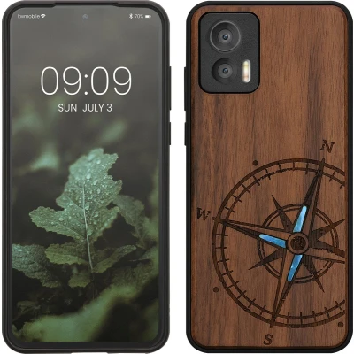 Afbeelding van kwmobile telefoonhoesje geschikt voorMotorola Edge 30 Neo Hoesje met bumper walnoothout In donkerbruin Parelmoer kompas design