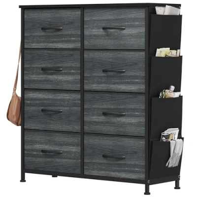 Afbeelding van YITAHOME Ladekast met 8 laden voor slaapkamer, stoffen dressoir, opbergladen handgrepen, metalen frame woonkamer, hal, kinderkamer, zwarte houtnerf