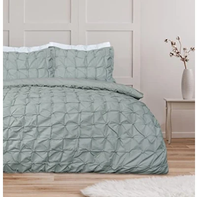 Afbeelding van Sleepdown Geplooide plooien, saliegroen, onderhoudsvriendelijk, zacht, pintuck dekbedovertrek, dekbedovertrekset met kussenslopen King (230 cm x 220 cm)
