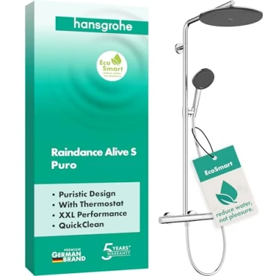 Afbeelding van hansgrohe Raindance Alive S Puro waterbesparend Douchesysteem (EcoSmart) met thermostaat, regendouche (300 mm) douchekraan, handdouche, doucheslang, glijstang en douchekop, chroom, 24593000