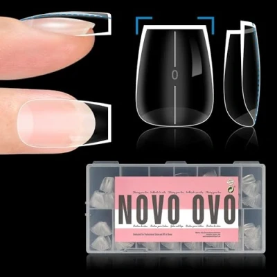 Afbeelding van NOVO OVO Korte doodskist dikke natuurlijke nageltips Press on, No C Curve Ballerina Soak Off Soft Gel Fake Nail Extension, volledige dekking valse nagels voor acryl Frans, salon DIY x 15 maten 510