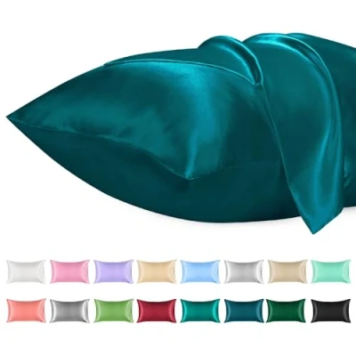 Afbeelding van Lirex 2 Pack Satijnen Kussenslopen, Standaard Formaat Zacht Effen Kleur Microfiber Kussensloop, Envelop Sluiting Kreukvrij Vervagingsbestendig Ademend (50x70 cm, Pauw Blauw)