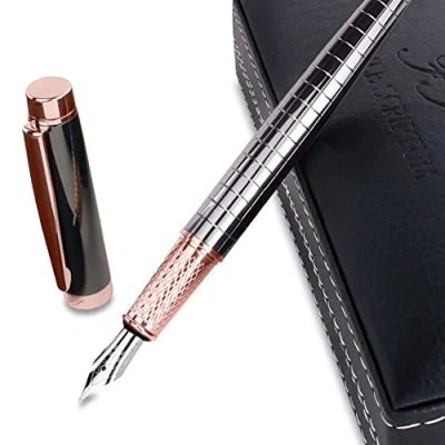 Afbeelding van Facile Scriptum Hoogwaardige premium metalen vulpen met elegant etui van kunstleer, model Alice rosé, perfect om te schrijven en cadeau geven, roségoud zilvergrijs