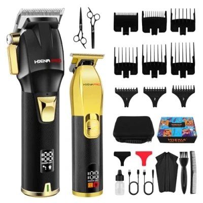 Afbeelding van HIENA PRO Professionele tondeuse set voor mannen, draadloze kappersset kapsel, en trimmerset, haarknipset met LED display oplaadbare USB, geschenken mannen (zwart goud)
