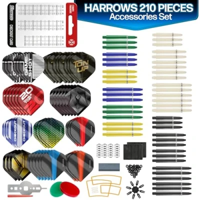 Afbeelding van Harrows Trofee 210 stuks dartaccessoires set geweldige bundel inclusief dartstelen, dartvluchten, dartringen, dartslijper, dartgereedschap, vliegbeschermer, vingerwas, oefenringen en gratis