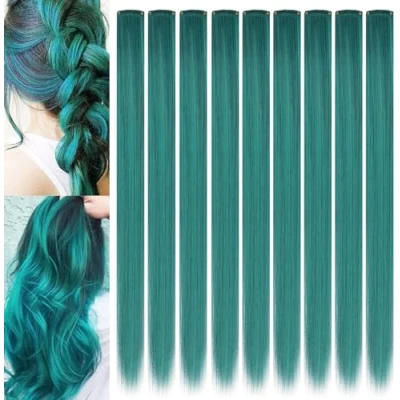 Afbeelding van ZHIRXIN 9 stuks groen gekleurde clip in hair extensions partij hoogtepunten synthetische pruik stukken, haarstukken haaraccessoires voor meisjes vrouwen (groen)
