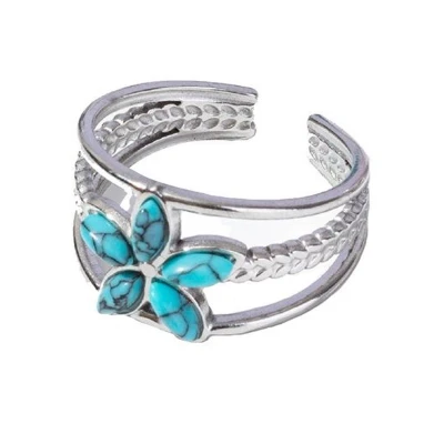 Afbeelding van Ring met Bloem RVS One Size Zilverkleurig Steen Turquoise