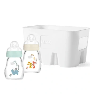 Afbeelding van MAM Feel Good Combi Set, 2 x babyfles van glas (170 ml), eerste babyuitrusting met speen maat 1 en flessenmand, babycadeauset, vanaf de geboorte, beer/vos