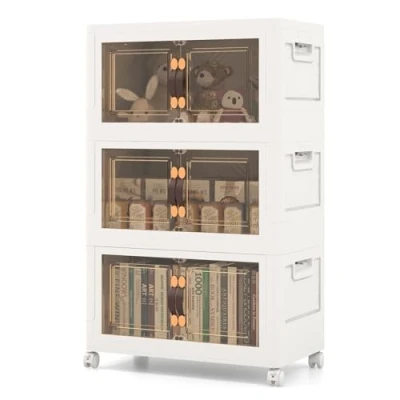 Afbeelding van COSTWAY Opvouwbare opbergdoos met deksel, 105 l opbergdozen, set van 3 kunststof dozen, stapelbaar, opbergdozen wielen en deuren, stapelboxen kunststof, 49,5 x 31,5 86 cm, wit