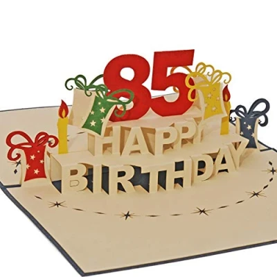 Afbeelding van Favour Pop Up® 3D wenskaart voor de ronde 85e verjaardag. Een filigraan kunstwerk dat zich ontvouwt bij het openen van vormgegeven blauwe envelop. TA85B