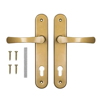 Afbeelding van ADGO Deurgreep Set Deurgrepen voor Een Inlay 72 mm Biscuit, Aluminium Handvat, Stalen Rozet Gepoedercoat Gegalvaniseerd, Handgreep Links en Rechts, Spindel 8x8 mm, Montageschroeven, Goud
