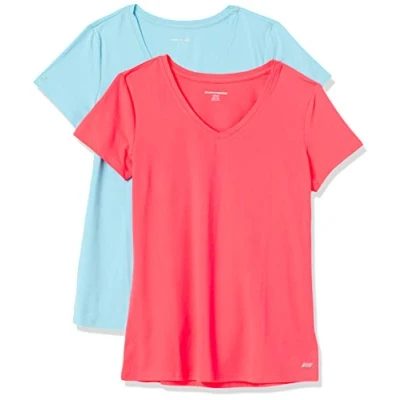 Afbeelding van Amazon Essentials Dames Tech Stretch T shirt met korte mouwen en V hals (verkrijgbaar in grote maten), 2 Pack, Blauw/Neonroze, S