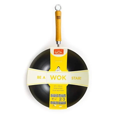 Afbeelding van School of Wok 12&quot;/30cm Non Stick Carbon Steel Wok, Platte bodem, Bamboe Handvat