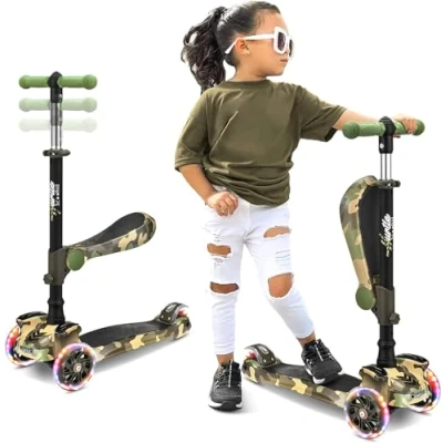 Afbeelding van Hurtle Scooter met 3 wielen voor kinderen Stand &amp; Cruise speelgoed kind/peuters, opvouwbare kickscooters verstelbare hoogte, antislipdek, knipperende wielverlichting, jongens/meisjes van 2 12 jaar oud